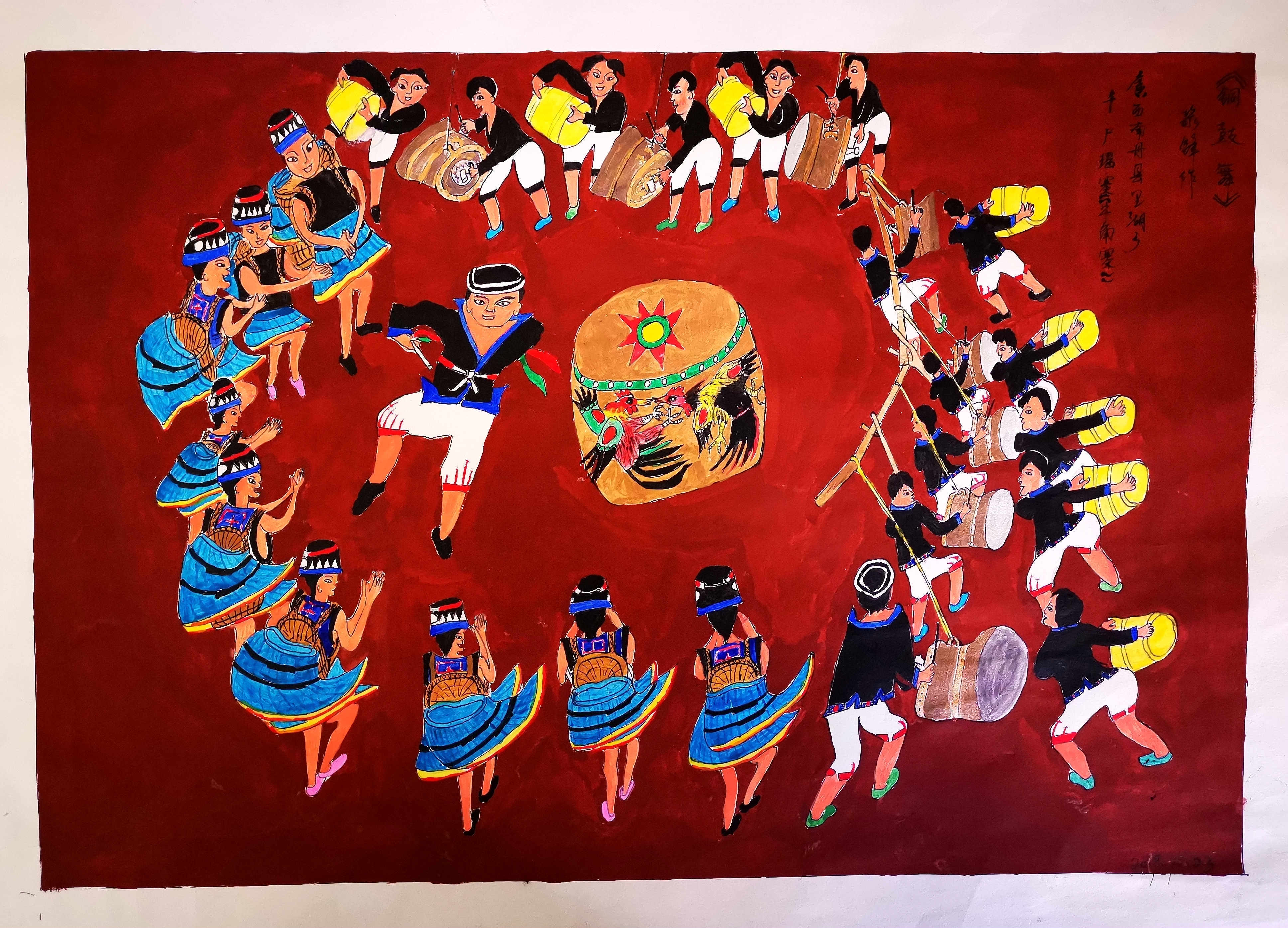 10月31日,广西南丹县里湖瑶族乡王尚社区的白裤瑶村民黎锋创作的绘画