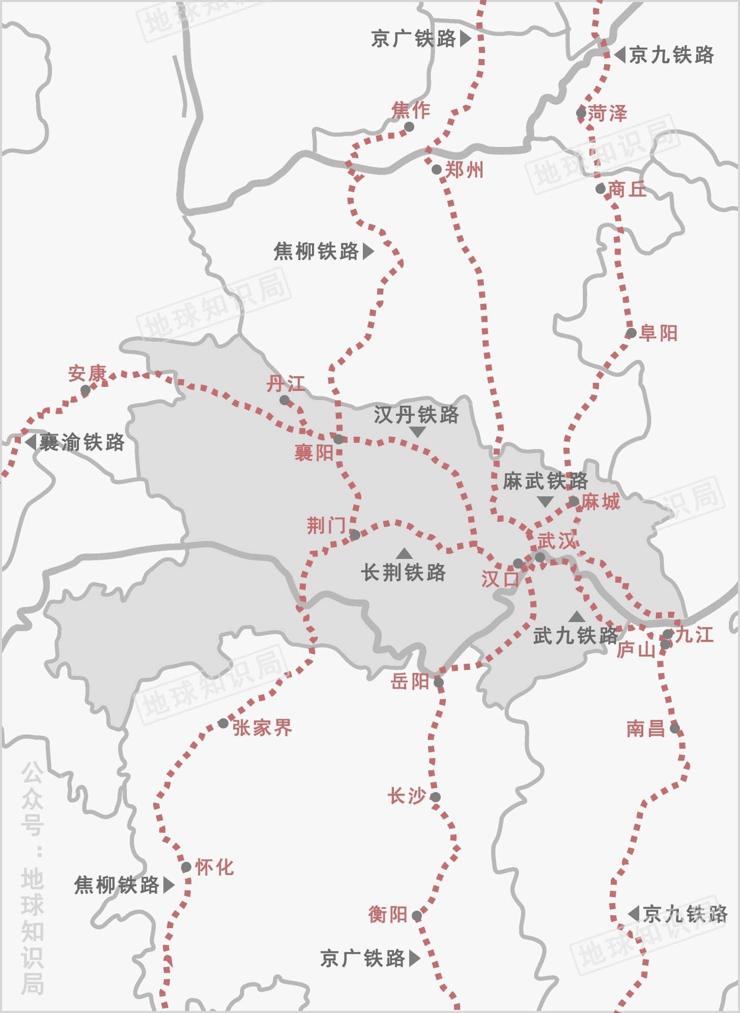 (京广,长荆,襄渝,汉丹,武九,麻武,京九,焦柳铁路示意)▼