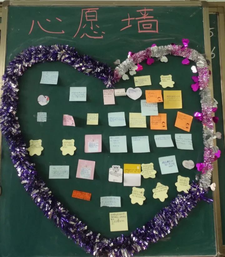 各班同学把自己的心愿写在便利贴上,贴到黑板心愿墙上,合影留恋