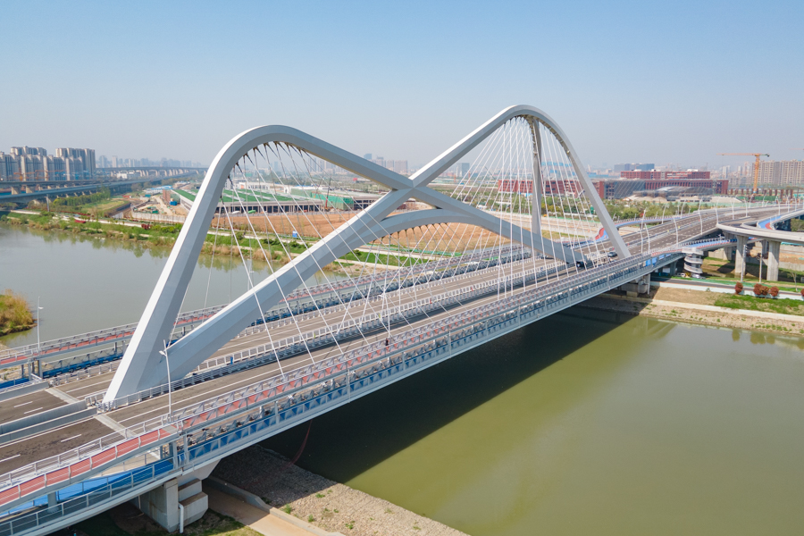 秦淮湾大桥结构类型为下承式空间多索面异型系杆拱桥,为国内罕见桥型